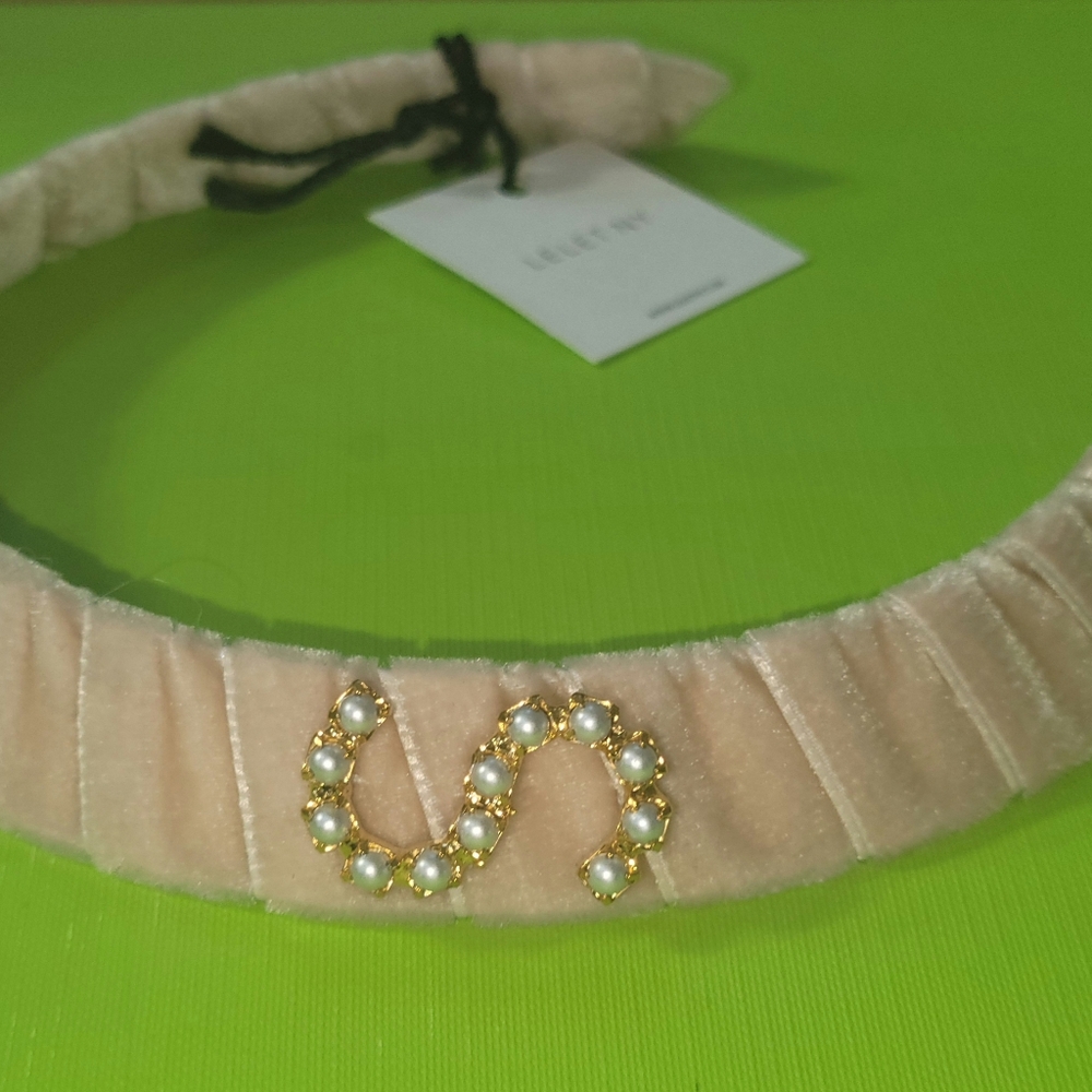 LELET NY Faux pearl-embellished gold-tone and velvet monogram headband - Picture 2 of 6